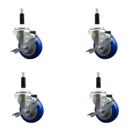 Service Caster 3.5'' Blue Poly Swivel 7/8'' Expanding Stem Caster Set with Brake, 4PK SCC-EX20S3514-PPUB-BLUE-TLB-78-4